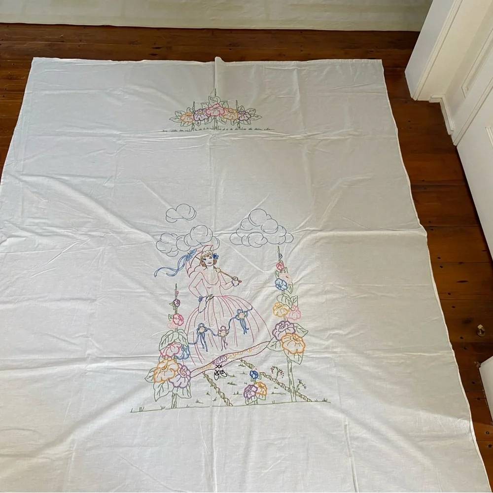 Embroidered BedSpread Tapestry Handmade Vintage Lady with Flowers  74” x 85”‎